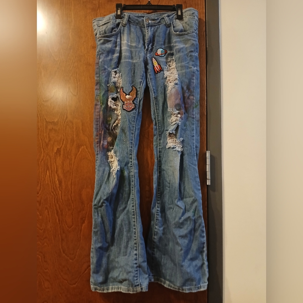 Machine Light Blue Distressed Flare Jeans with Embroidered Patches
